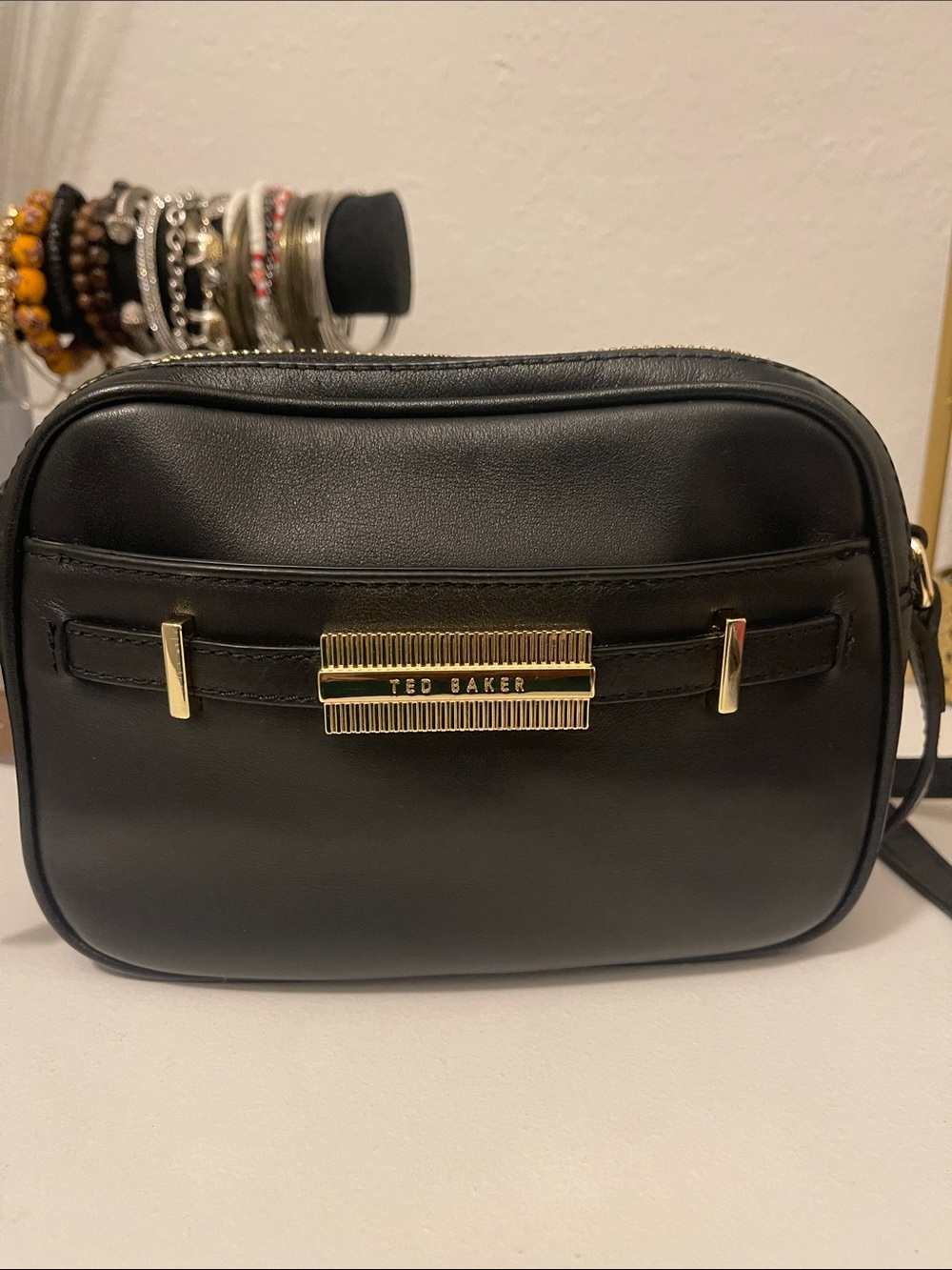 Ted Baker Black Leather Crossbody Bag with Gold Accent Plaque
